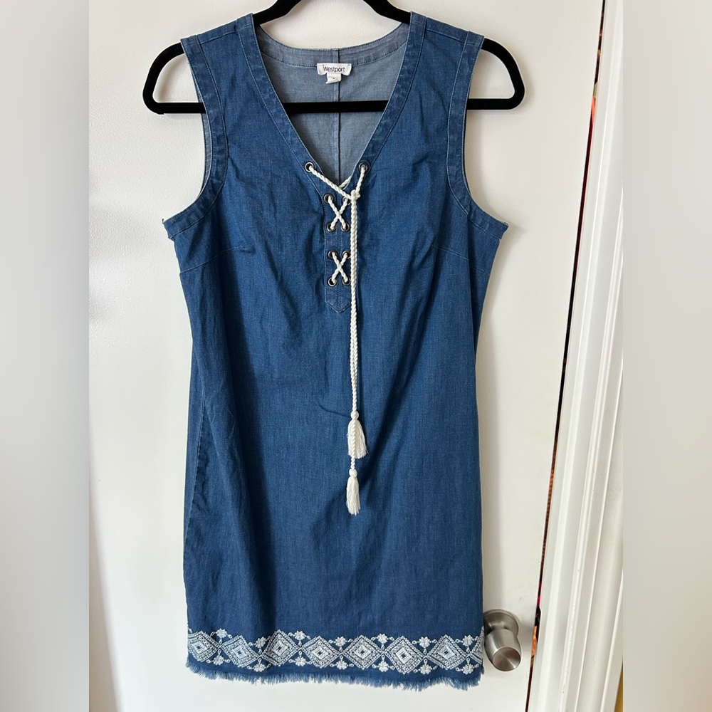 Westport- Blue Denim Lace-Up Embroidered Sleeveless Dress